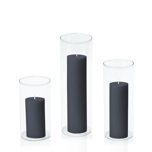 Steel Blue 5cm Pillar in 8cm Glass Set - Med