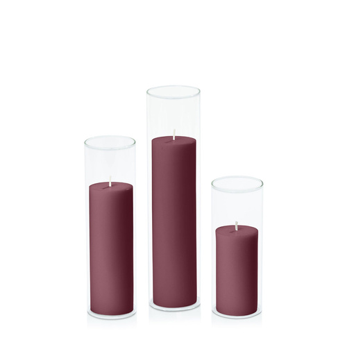 Burgundy 5cm Pillar in 5.8cm Glass Set - Lg