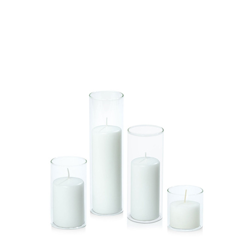 White 5cm Event Pillar in 5.8cm Glass Set - Sm